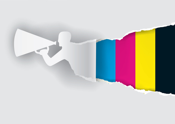 Promoción hombre rasgando papel con colores de impresión
 - Vector, Imagen