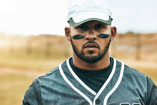 Baseball, man and paint face portrait, eye black or grease to reduce sun glare during training, competition or exercise. Fitness, workout and male from India with face paint for practice outdoors - Fotografie, Obrázek