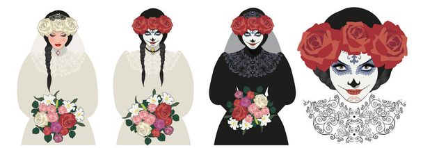 Three versions of a woman dressed in ancient clothes, light and dark, carrying flowers, veil and bridal bouquet. Mexican Day of the Dead makeup and styling - Vector, Image