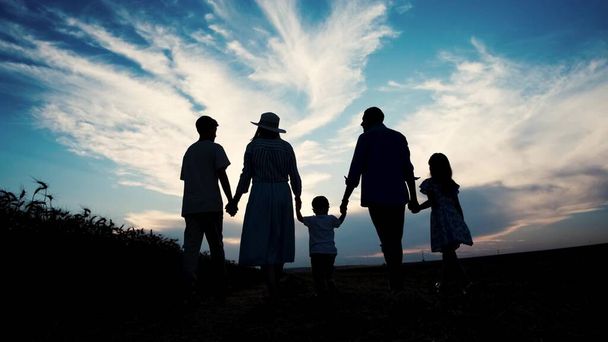 Μια ευτυχισμένη πενταμελής οικογένεια περπατά μαζί στον καθαρό αέρα, κρατώντας τα χέρια, βλέποντας το ηλιοβασίλεμα. Οικογενειακή έννοια. - Φωτογραφία, εικόνα