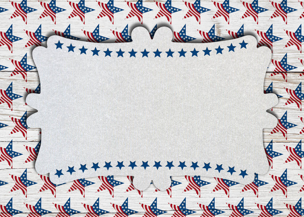 Pusty szary znak drewna na czerwonym, białym i niebieskim gwiazdka z miejsca na kopię dla USA lub patriotyczne wiadomości - Zdjęcie, obraz