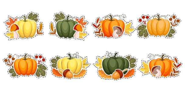 Set of autumn stickers, pumpkins with acorns, mushrooms, autumn leaves and rowan. Illustration, icons, template, vector - Vector, Image
