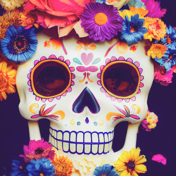 Színes cukorka koponyák virágokkal a Day of the Dead fesztivál Mexikóban. - Fotó, kép