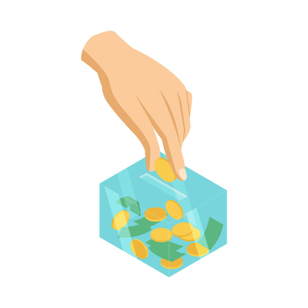 Izometrická charitativní ikona s lidskou rukou darování peněz 3D vektorové ilustrace - Vektor, obrázek