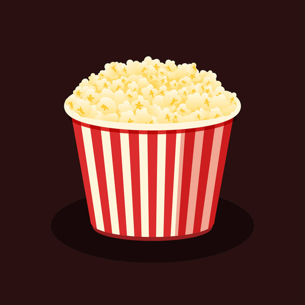 Popcorn in red paper striped bucket box. Delicious fast food concept. Corn snack for watching TV, movie, film, or cinema. Junk food or unhealthy dish. Cartoon vector graphic design icon illustration. - ベクター画像