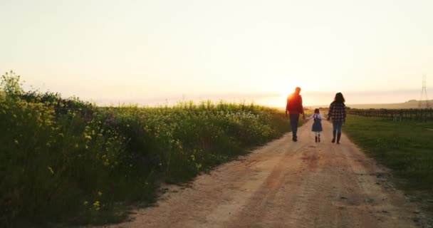 Mężczyzna, kobieta lub dziecko trzymający się za ręce na farmie i zachodzie słońca spacerując ścieżką środowiska naturalnego, rolniczą drogą gruntową lub wiejską glebą. Rolnicze więzi rodzinne, dziewczęce lub rodzicielskie w zrównoważonym krajobrazie. - Materiał filmowy, wideo