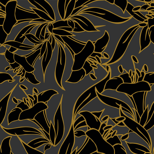 濃い灰色の背景、質感、デザインに金色の輪郭を持つ大きな黒い花のシームレスなパターン - ベクター画像