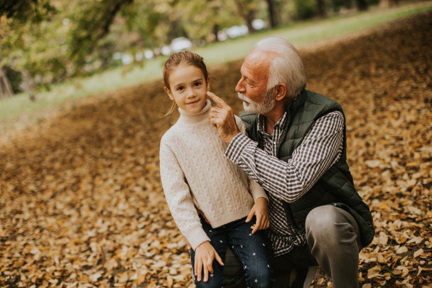 Όμορφος παππούς περνάει χρόνο με την εγγονή του στο πάρκο την ημέρα του φθινοπώρου - Φωτογραφία, εικόνα