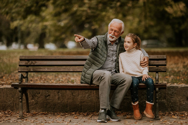 Hermoso abuelo pasar tiempo con su nieta en el banco en el parque en el día de otoño - Foto, imagen