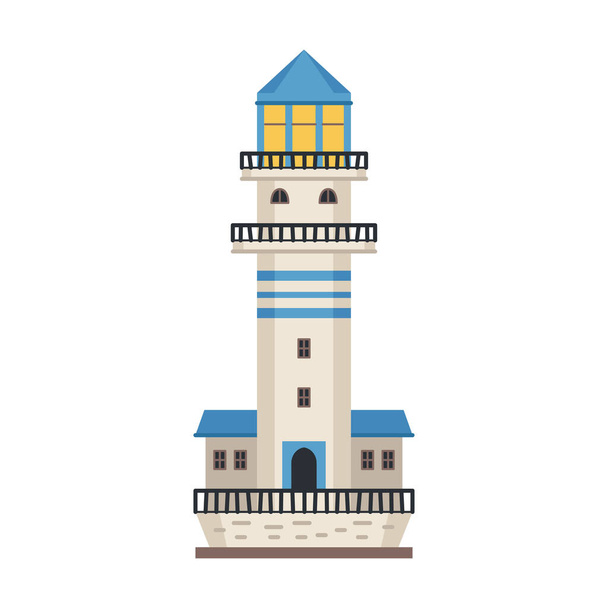 Морська деталізована ікона маяка ізольована на білому - вектор. Башта маяка з лампою прожектора ізольована іконка. Векторна морська смугаста вежа, навігаційний символ, морський промінь
. - Вектор, зображення
