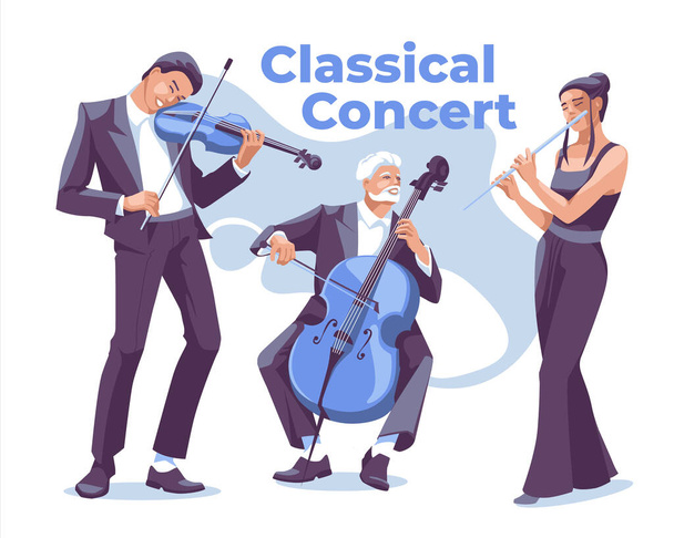 Een groep klassieke of jazzmuziek: violist, cellist en fluitist. Gekleed in elegante pakken. Muziekconcert, toneelstuk of festival. Vector platte illustratie. - Vector, afbeelding