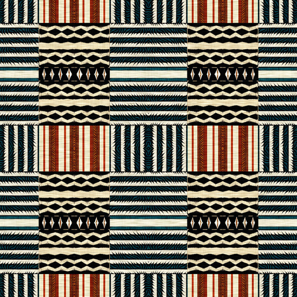 African kente cloth patchwork effect pattern. Seamless geometric quilt fabric all over background. Patched boho rug safari shirt repetitive tile swatch. - Foto, Imagen