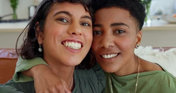 Lesbian couple, comic and selfie of black women taking a picture with a comedy and funny face. Portrait of a happy queer girlfriend with a love, care and silly faces picture on house living room sofa. - Footage, Video