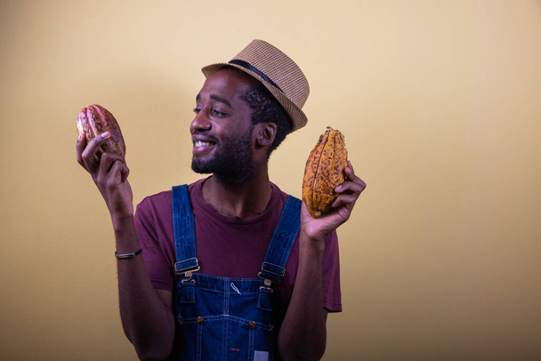 Un contadino africano guarda con soddisfazione le sue cialde di cacao appena raccolte, foto in studio - Foto, immagini