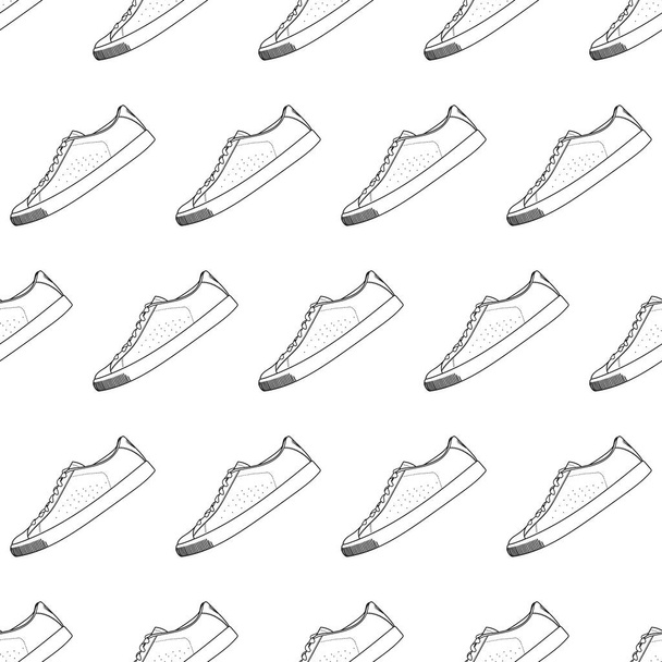Patrón de moda con zapatillas clásicas de moda dibujadas a mano sobre un fondo blanco, vista lateral. El concepto de minimalismo, belleza y moda. Esquema vectorial garabato ilustración. - Vector, imagen