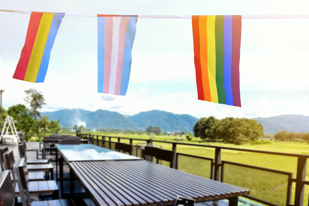 Прапори ЛГБТК+ були повішені на дріт проти блюзу в сонячний день, м'який і вибірковий фокус, концепція для ЛГБТК+ гендерних святкувань в гордості місяця по всьому світу
. - Фото, зображення