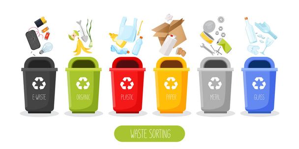 Sada kontejnerů s tříděným odpadem. Různé druhy odpadků: organické, kovové, plastové, papírové, skleněné a e-odpad. Koncept nulového odpadu - Vektor, obrázek