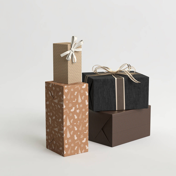 3D εικονογράφηση πολλών κιβωτίων δώρων για την ημέρα των Χριστουγέννων που απομονώνονται σε λευκό φόντο - Φωτογραφία, εικόνα