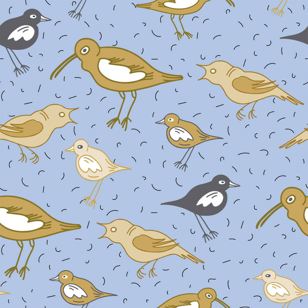 Doodle style birds seamless pattern on blue background. For textile print, wrapping paper. Vector illustration. - Wektor, obraz