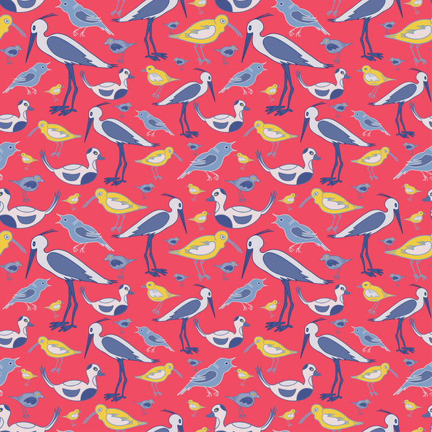Colourful flat hand drawn birds seamless pattern on red background. For textile print, wrapping paper. Vector illustration. - Vetor, Imagem