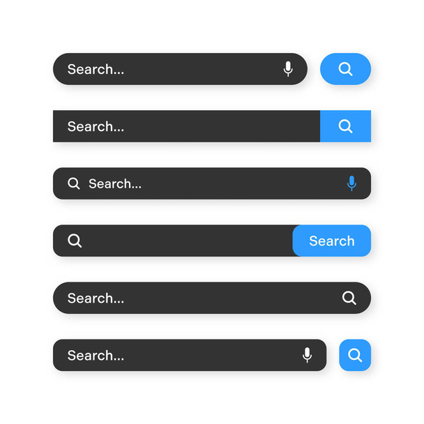 Various search bar templates, dark mode. Internet browser engine with search box, address bar and text field. UI design, website interface element with web icons and push button. Vector illustration. - Vector, afbeelding