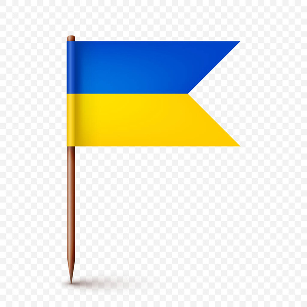 Realistic Ukrainian toothpick flag. Souvenir from Ukraine. Wooden toothpick with paper flag. Location mark, map pointer. Blank mockup for advertising and promotions. Vector illustration. - Vector, Image