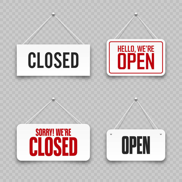 Realistic open or closed hanging signboards. Vintage door sign for cafe, restaurant, bar or retail store. Announcement banner, information signage for business or service. Vector illustration. - Vector, Image