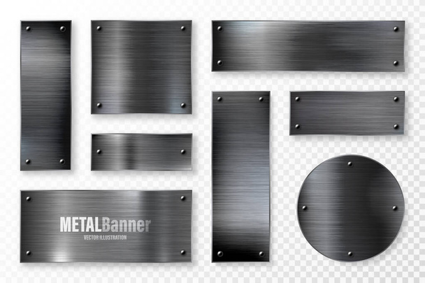 Realistic black metal banners collection. Brushed steel or aluminium plate, panel with screws. Polished metal surface. Old grunge texture with scratches. Vector illustration. - Vector, Image