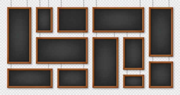 Signboards in a wooden frame hanging on a metal chain. Restaurant menu board. School chalkboard, writing surface for text or drawing. Blank advertising or presentation boards. Vector illustration. - ベクター画像