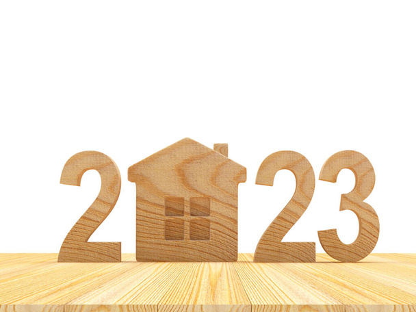 Numero 2023 con casa in legno su bianco. Illustrazione 3d - Foto, immagini