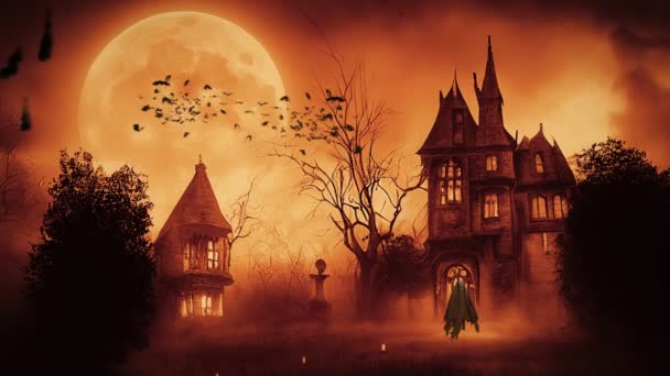 Dark Halloween casa infestata e pipistrelli volanti sopra la luna su vecchi effetti di rotolo di film animazione astratta 4K. - Filmati, video