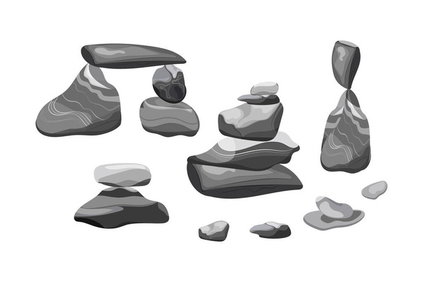 Rock fragments,boulders and building material.Collection of stones of various shapes Coastal pebbles,cobblestones,gravel,minerals and geological formations.Vector illustration. - Wektor, obraz
