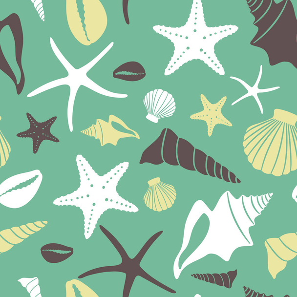 Boho motif sans couture avec coquilles de conque et étoiles de mer sur fond blanc. - Vecteur, image