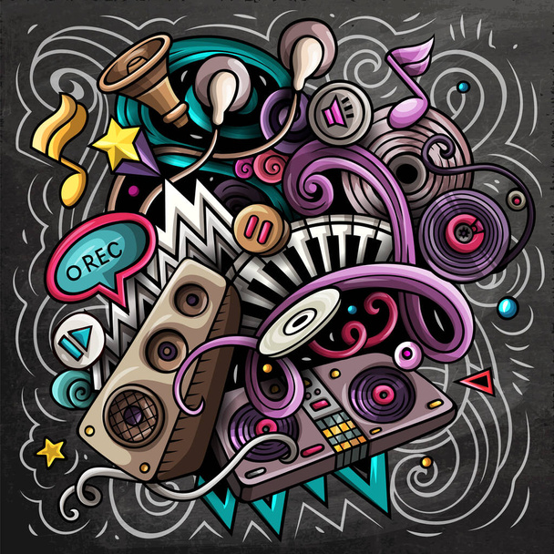 Cartoon raster doodles Disco music illustration. Colorful, detailed, with lots of objects background. All objects . Chalkboard musical funny picture - Foto, Imagem