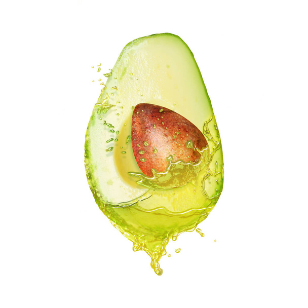 Fresh ripe avocado with splashing oil on white background - Foto, afbeelding