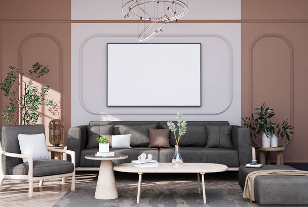 Simular marco de póster en el interior moderno habitaciones totalmente amuebladas fondo, sala de estar, estilo escandinavo nórdico, para el mensaje de texto o contenido. Renderizado 3D, Ilustración 3D - Foto, Imagen