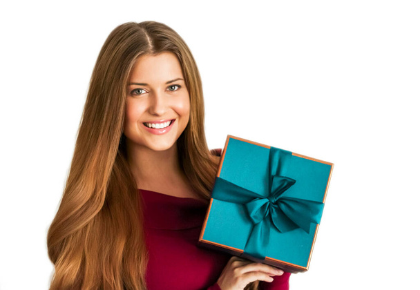 Birthday, Christmas or holiday present, happy woman holding a blue gift or luxury beauty box subscription delivery isolated on white background, portrait - Φωτογραφία, εικόνα