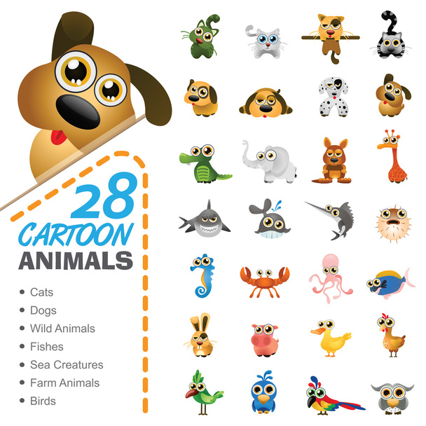 Big set of various cartoon animals and birds - Vector, Image