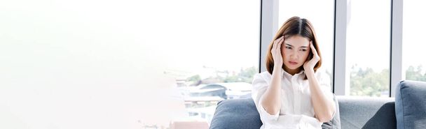 Banner Stress asian women headache have migraine feeling temples stressfull upset depressed. Panorama Women headache migraine exhausted girl. Office syndrome unhealthy Tension person with copy space - Fotoğraf, Görsel