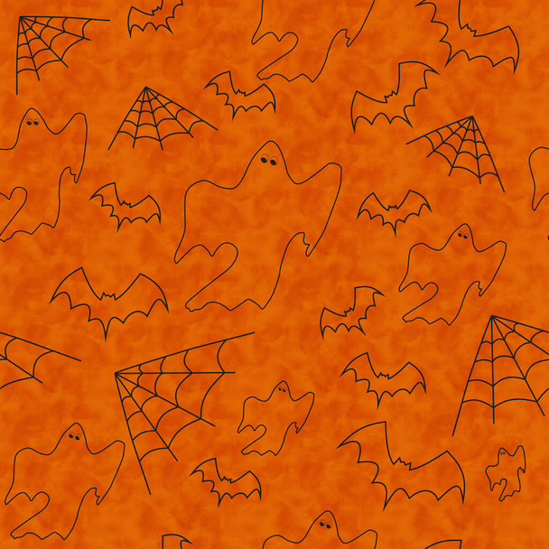 Fantasmas, murciélagos y telarañas naranjas y negras sobre un fondo transparente que se repite para tu mensaje de Halloween - Foto, imagen