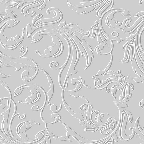 Floral Baroque white 3d seamless pattern. Vector embossed vintage background. Repeat emboss backdrop. Surface relief 3d flowers leaves ornament in Baroque style. Textured design with embossing effect. - Vector, Imagen