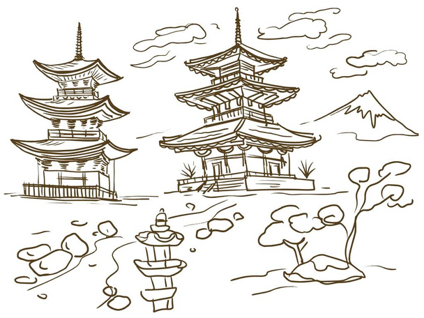 pagode Japon bâtiment points de repère croquis dessin à la main style réaliste isolé sur fond blanc pierres de jardin passerelle pins - Vecteur, image