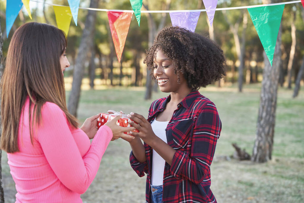 Woman giving a gift to her friend while having a party outdoors in a park. Friendship concept. - Photo, Image