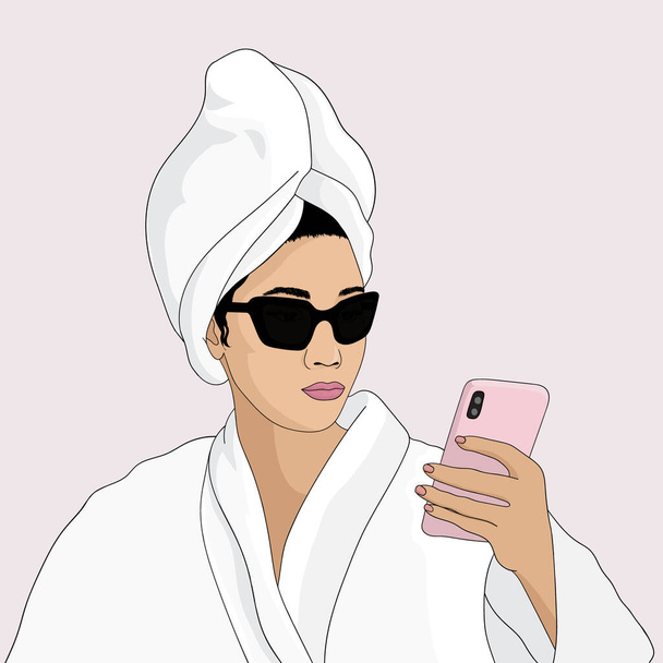 Fille en peignoir avec une serviette sur les cheveux et des lunettes de soleil tenant une illustration vectorielle de téléphone - Vecteur, image