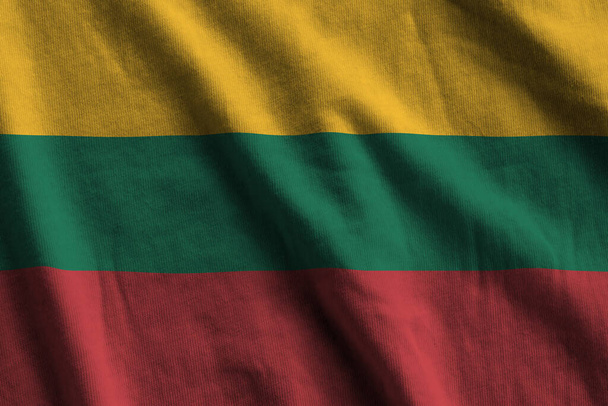 Büyük kıvrımlı Litvanya bayrağı stüdyo ışıklarının altında sallanıyor. Resmi semboller ve renkler kumaş pankartıyla - Fotoğraf, Görsel
