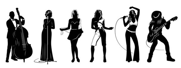 Collection of Women silhouettes isolated on white. Dancing, singing, playing guitar, contrabass. Vector cliparts. - Vector, Image