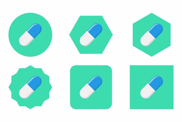 Kék Pirula kapszula, gyógyszer, vektor jel szimbólumok zöld stílusban. Tabletta kapszula ikon készlet. Lapos vektor illusztráció. - Vektor, kép