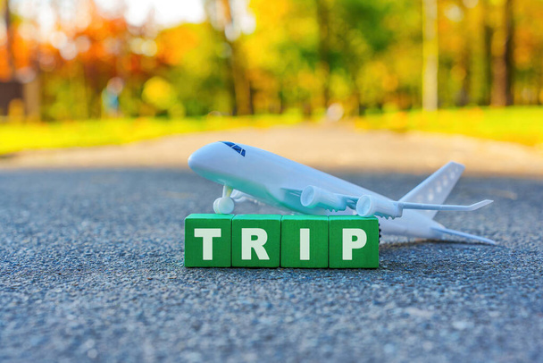 Word TRIP made from wooden blocks placed in front of a toy aircraft outdoors. Cheap flights season concept. - Photo, Image