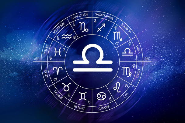 Libra zodiac sign. Abstract night sky background. Libra icon on blue space background. Zodiac circle on a dark blue background of the space. Astrology. Cosmogram. twelve signs of the zodiac - Photo, Image