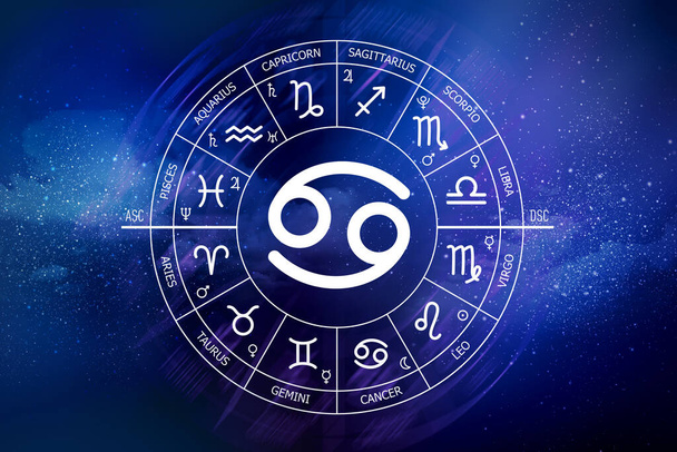 Cancer zodiac sign. Abstract night sky background. Cancer icon on blue space background. Zodiac circle on a dark blue background of the space. Astrology. Cosmogram. twelve signs of the zodiac - Photo, Image